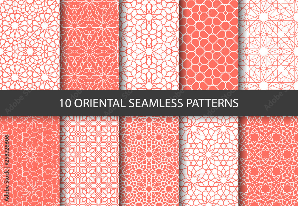 Poster vector set of 10 ornamental seamless patterns in coral color. collection of geometric patterns in th