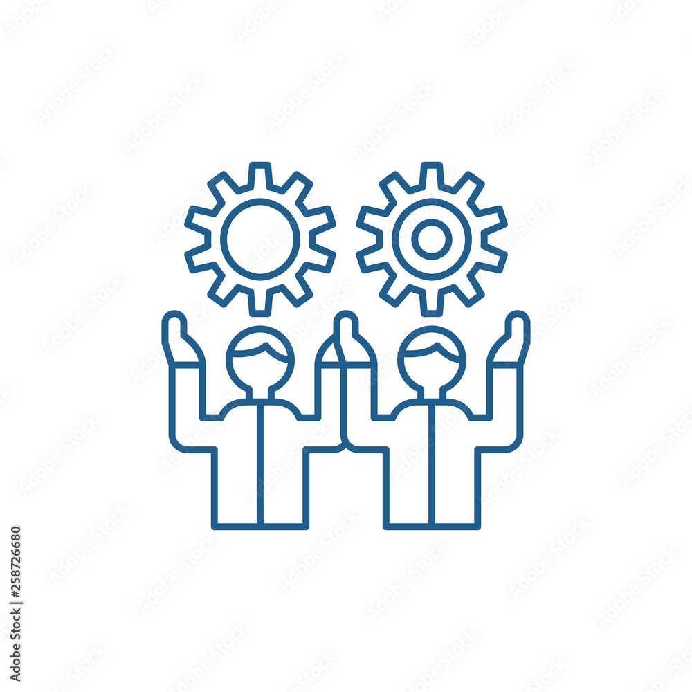 Poster development team line concept icon. development team flat vector website sign, outline symbol, illus
