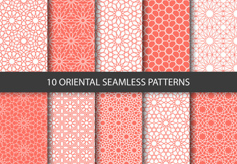 Vector set of 10 ornamental seamless patterns in coral color. Collection of geometric patterns in the oriental style. Patterns added to the swatch panel.