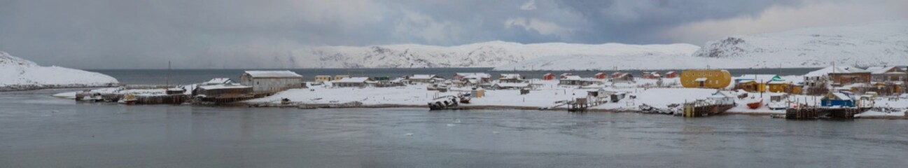 Fototapeta na wymiar Panorama of the village of Teriberka in February day. Murmansk region, Russia