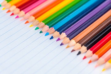 close-up of color pencils on blue grid white paper