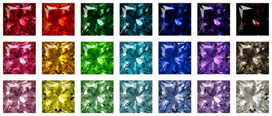Set of multi colored princess cut diamonds isolated on white background © DiamondGalaxy