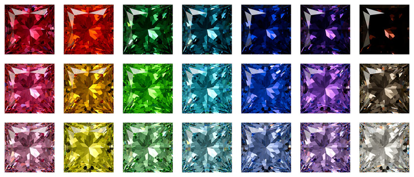 Set of multi colored princess cut diamonds isolated on white background