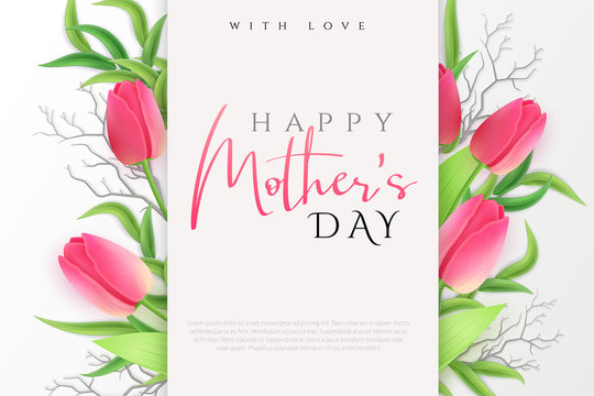 Vector illustration of mother's day greetings banner template with blooming tulip flowers, eucalyptus leaves and hand lettering quote - happy mothers day