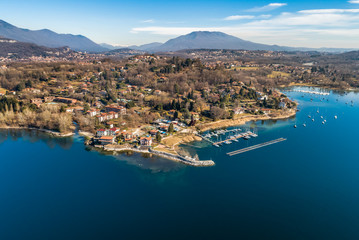 Fototapeta na wymiar Aerial view of Lake Maggiore with view to harbor of Sasso Moro, province of Varese, Italy
