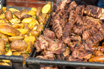 assorted grilled pork meat dishes prepared for festival