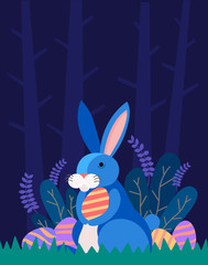 Easter illustration with bunny rabbit holding egg , plant, and egg hunt in the forest for banner, greeting card ,flat Design, decoration template vector/ - Vector - 258729461