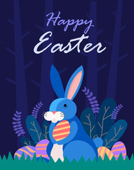 Happy Easter illustration with bunny rabbit holding egg, plant, and egg hunt in the forest for banner, greeting card ,Flat design, decoration template vector/ - Vector - 258729615