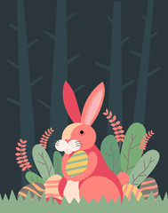 Easter illustration with bunny rabbit holding egg , plant, and egg hunt in the forest for banner, greeting card ,flat Design, decoration template vector/ - Vector - 258729653