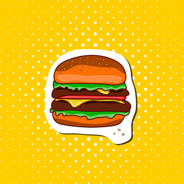 Classic colored hamburger on a yellow pop background.Fastfood meal.Zine art. Vector illustration.