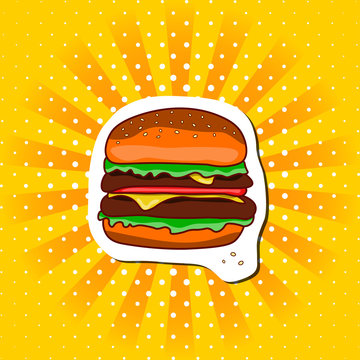 Classic colored hamburger on a yellow pop background.Fastfood meal.Zine art. Vector illustration.