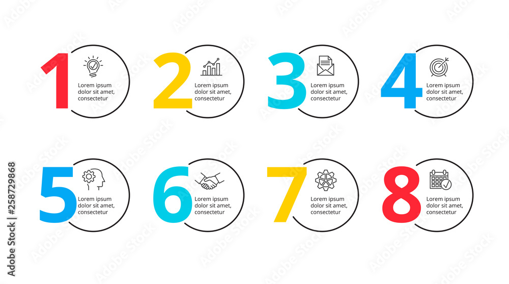 Aufkleber Vector thin lines with numbers. Template for process infographic or timeline with 8 steps.