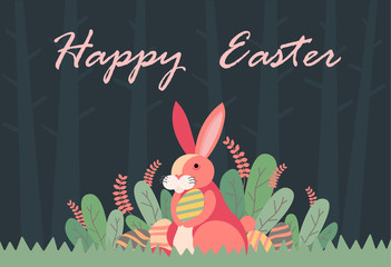 Happy Easter illustration with bunny rabbit holding egg, plant, and egg hunt in the forest for banner, greeting card ,Flat design, decoration template vector/ - Vector - 258729814