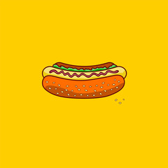 Classic hot dog on a yellow  background.Fast food. Junk food. Vector illustration.