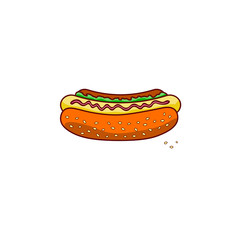 Classic hot dog on a white isolated background.Fast food. Junk food. Vector illustration.