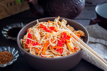 Rice noodles with chicken and vegetables, Korean cuisine, horizontal