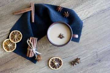 Traditional indian drink masala tea. Flat lay