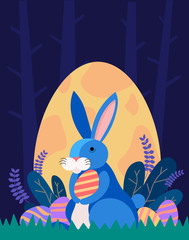 Easter illustration with bunny rabbit holding egg , plant, and egg hunt in the forest for banner, greeting card ,flat Design, decoration template vector/ - Vector - 258730033