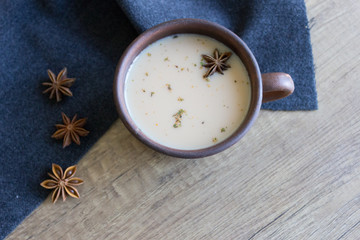 Tea masala. Cinnamon, black tea with milk.