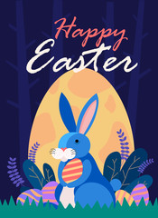 Happy Easter illustration with bunny rabbit holding egg, plant, and egg hunt in the forest for banner, greeting card ,Flat design, decoration template vector/ - Vector - 258731066
