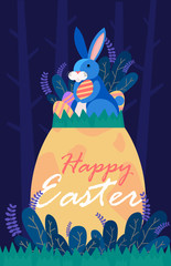 Happy Easter illustration with bunny rabbit holding egg, plant, and egg hunt in the forest for banner, greeting card ,Flat design, decoration template vector/ - Vector - 258731075