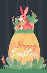 Happy Easter illustration with bunny rabbit holding egg, plant, and egg hunt in the forest for banner, greeting card ,Flat design, decoration template vector/ - Vector - 258731222