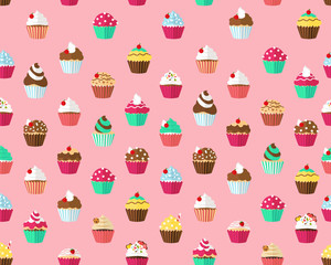 Vector flat seamless texture pattern cupcakes.