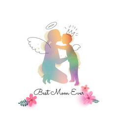 Double exposure illustration. Side view of Happy mom with son  silhouette plus abstract water color painted. Mother's day. Digital art painting.