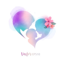 Side view of Father and mother kissing their child baby with heart symbol silhouette plus abstract water color painted. Digital art painting. Vector illustration.