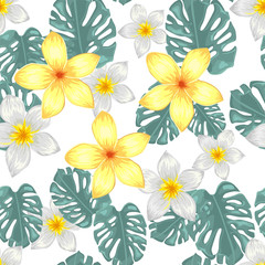Fototapeta premium Seamless pattern with tropical flowers and palm leaves