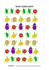 Vegetables educational logic game training sequential pattern recognition skills: What comes next in the sequence? Answer included.