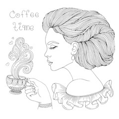 Vector hand drawn elegant lady in profile holds a mug with a hot drink and enjoys the delicious aroma of steam. Patterned page for coloring book A4 size. Isolated on white background