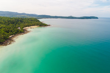 Aerial view exotic white sand beach turquoise sea water