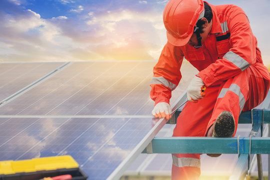 Electrical and instrument technician installation and maintenance electric system at solar panel field