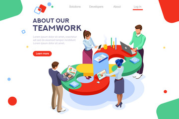 Programmer, user administrator, professional engine. Software support to build banner infographic. administration images flat technician concept, DevOps images. Isometric illustration.