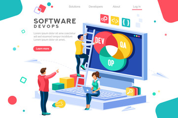 Programmer, user administrator, professional engine. Software support to build banner infographic. administration images flat technician concept, DevOps images. Isometric illustration.