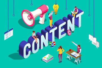 Naklejka premium Conceptual web seo illustration. Landing page for stylish website. Teamwork project, web agency or male young employee and new company project. Sticker for web banner. Flat isometric vector images.