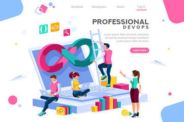 Programmer, user administrator, professional engine. Software support to build banner infographic. administration images flat technician concept, DevOps images. Isometric illustration.