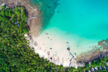 Aerial view exotic white sand beach turquoise sea water