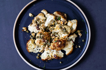 Roast cauliflower with capers and hazelnuts