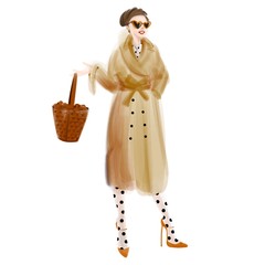 Happy young lady posing with her long coat and basket bag