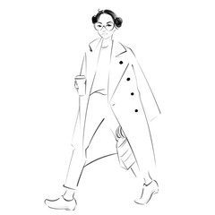 Outline sketch of a girl in hair buns