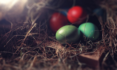 Easter painted eggs on burlap