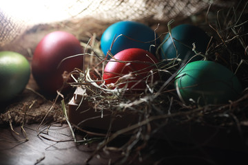 Easter painted eggs on burlap