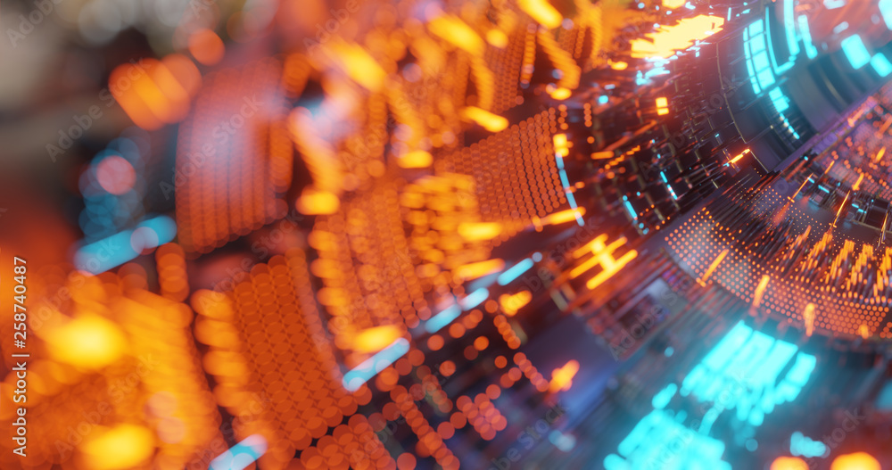 Poster abstract technology background, led and flickering particles. animation of electric circuit signal w