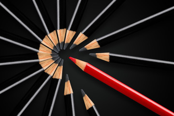 Business concept of disruption, leadership or think different; red pencil breaking apart circle of...