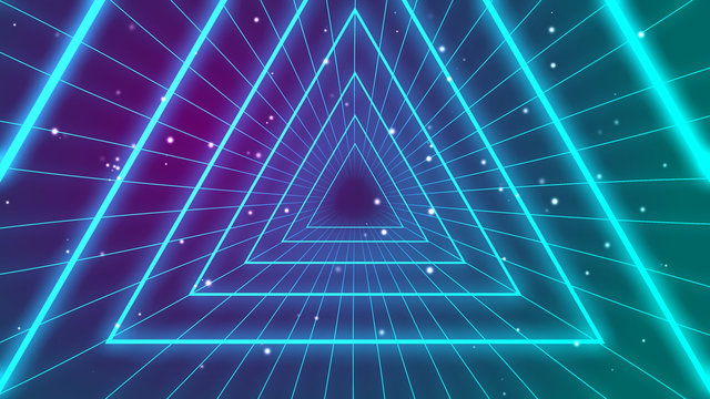 Retro 1980s synthwave glowing neon lights triangle tunnel