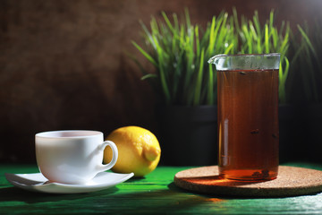 Brewing tea on a wooden table