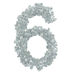 Diamond font, number 6 from diamonds. 3D rendering