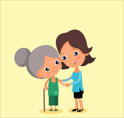 The young woman is taking care and helping to support the old woman walking and holding a staff. vector illustration